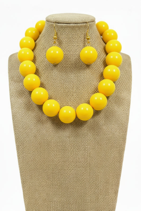 Large Ball Beaded Necklace and Earrings Set, Yellow