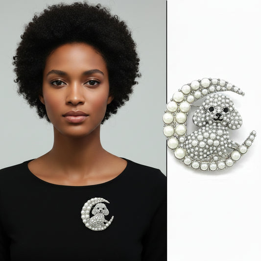 Rhinestone Pearl Studded Poodle and Moon Brooch