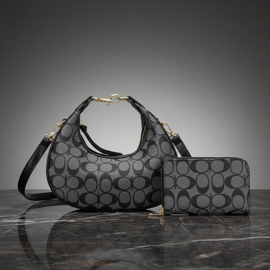 Faux Leather Handbag and Wallet Set, Black