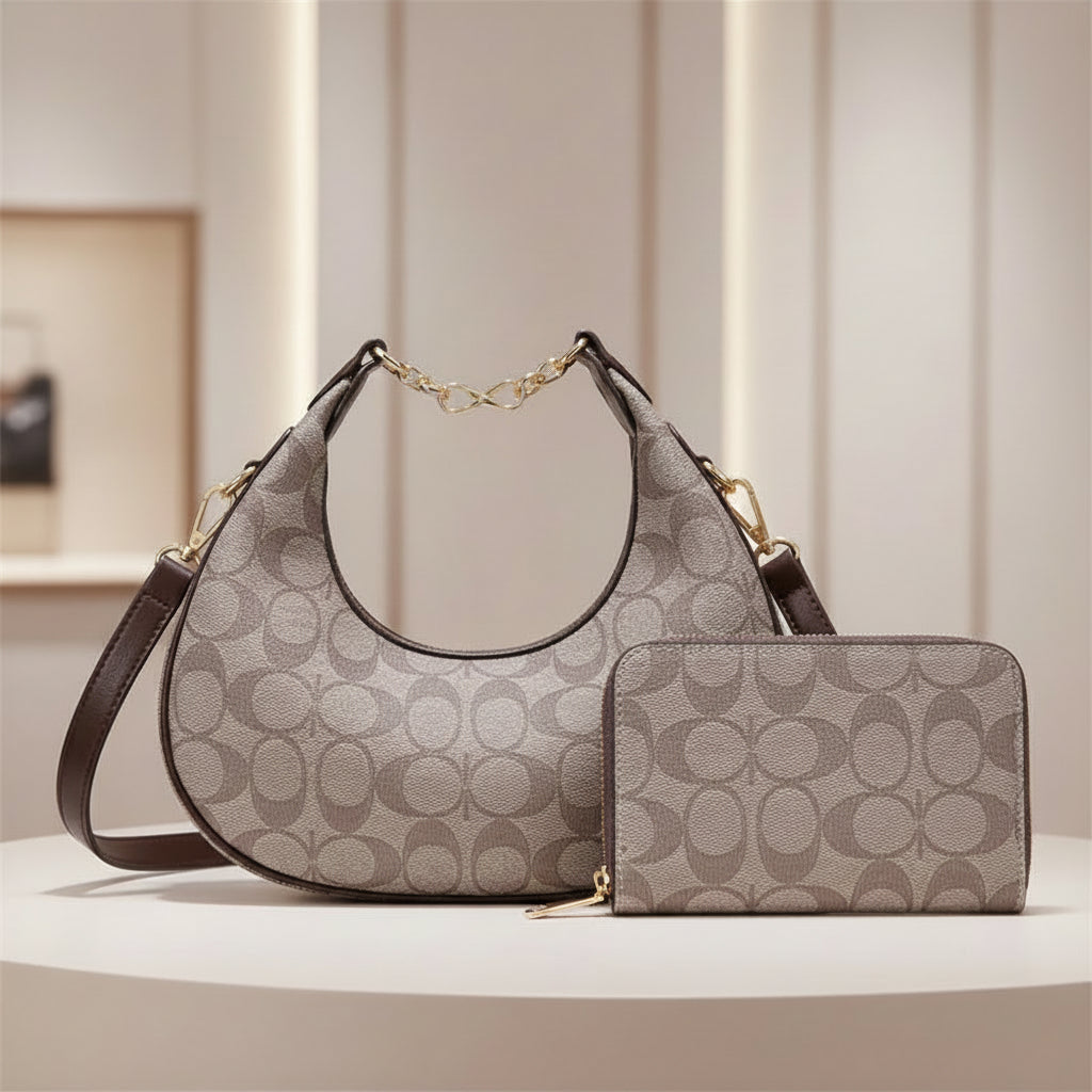 Faux Leather Handbag and Wallet Set, Coffee
