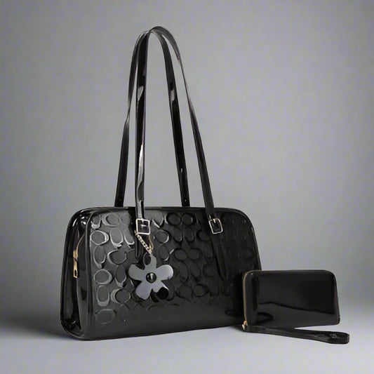 Embossed Handbag and Wallet, Black