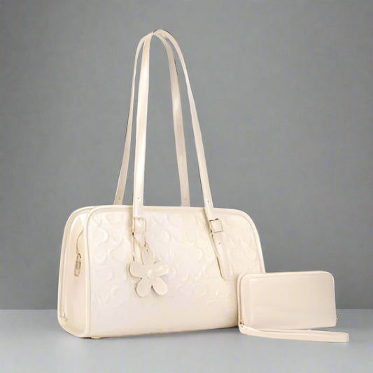 Embossed Handbag and Wallet, Gold/Beige